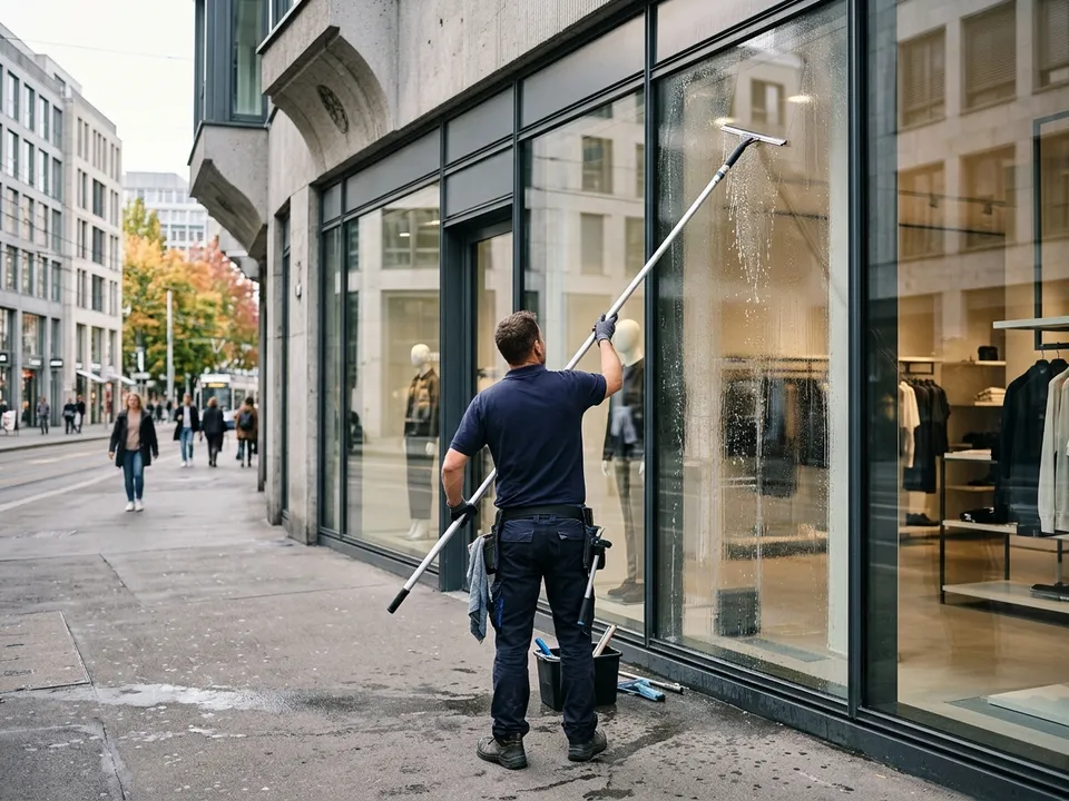 Shopfront glass being cleaned with an extension pole