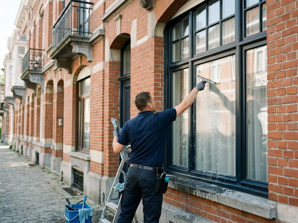 Window cleaning on a brick townhouse with a squeegee